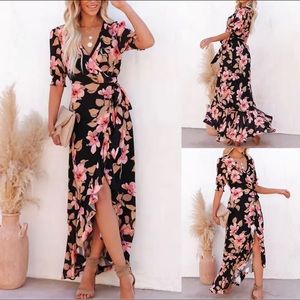 Womens Boho Floral Maxi Dress Ladies V Neck Summer Holiday Swing Wrap Long Dress
